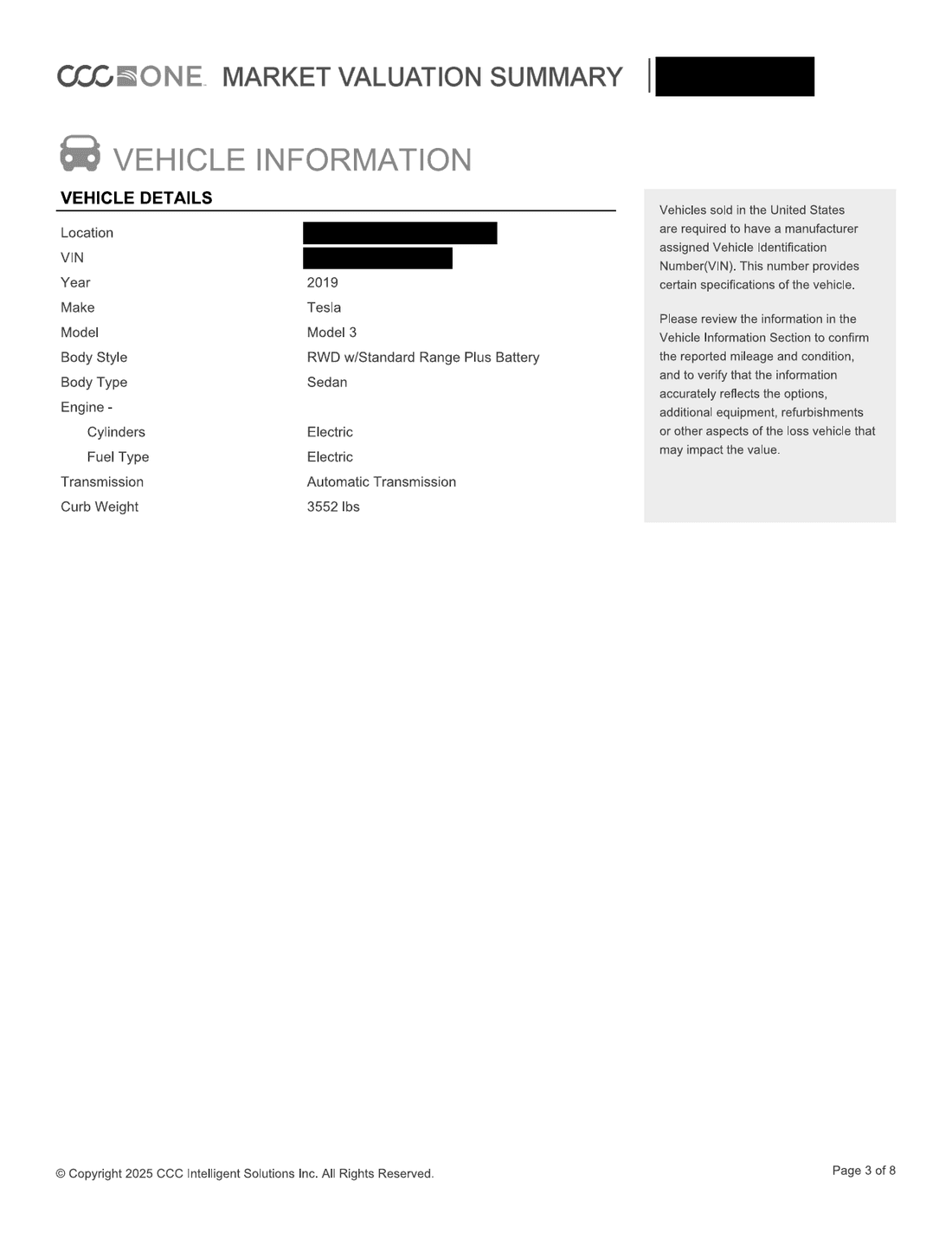 CCC ONE vehicle details page for a 2019 Tesla Model 3 RWD Standard Range Plus