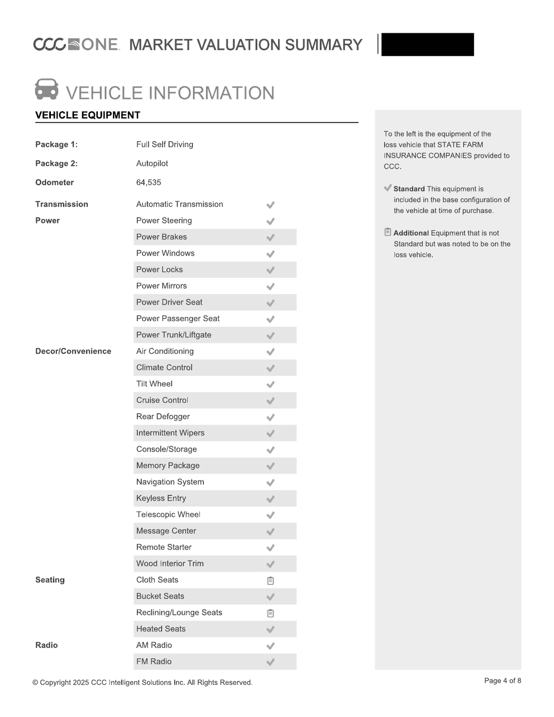 CCC ONE equipment page listing Package 1: Full Self Driving