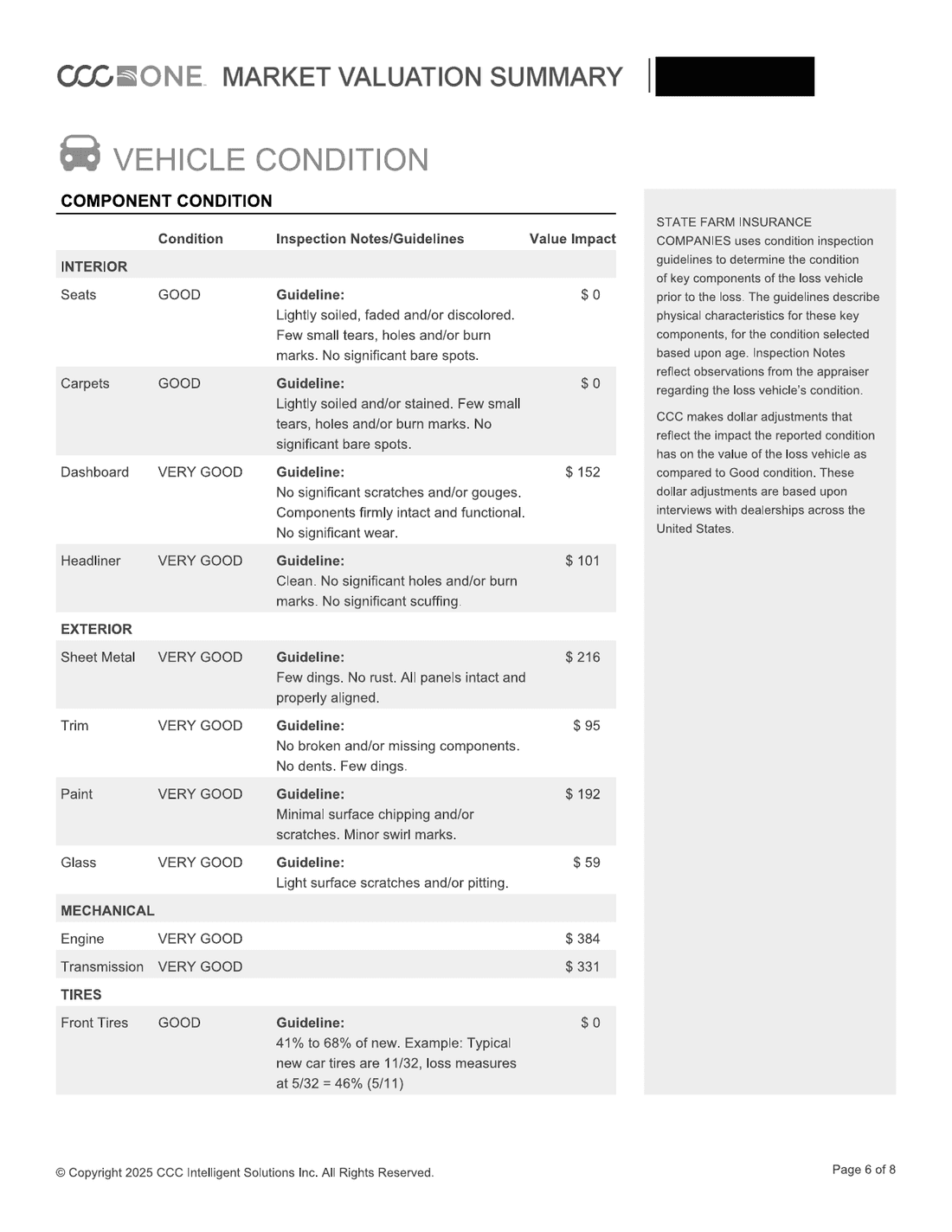 CCC ONE vehicle condition page