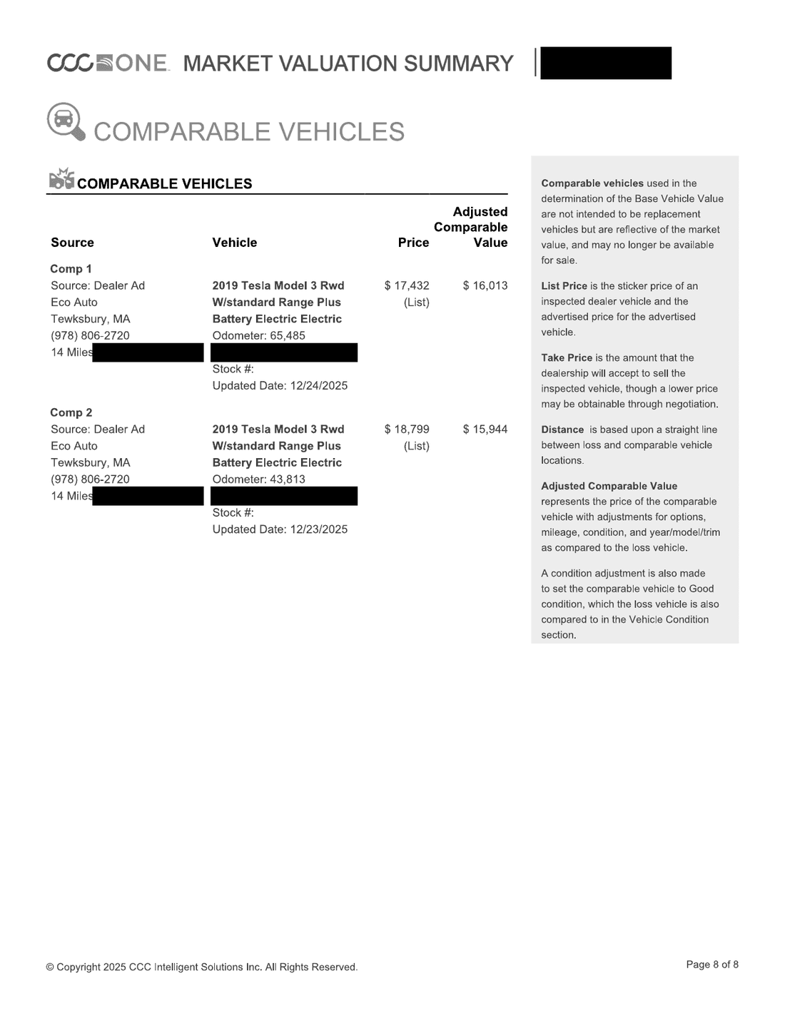 CCC ONE comparable vehicles page with two cars from the same dealer