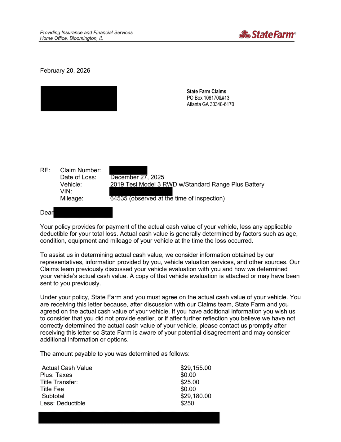State Farm settlement letter dated February 20, 2026 showing actual cash value of $29,155.00